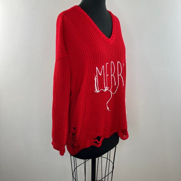 PEACE LOVE WORLD Red Destructed Affirmation V-Neck "Merry" Pullover Sweater 1X - Picture 4 of 9